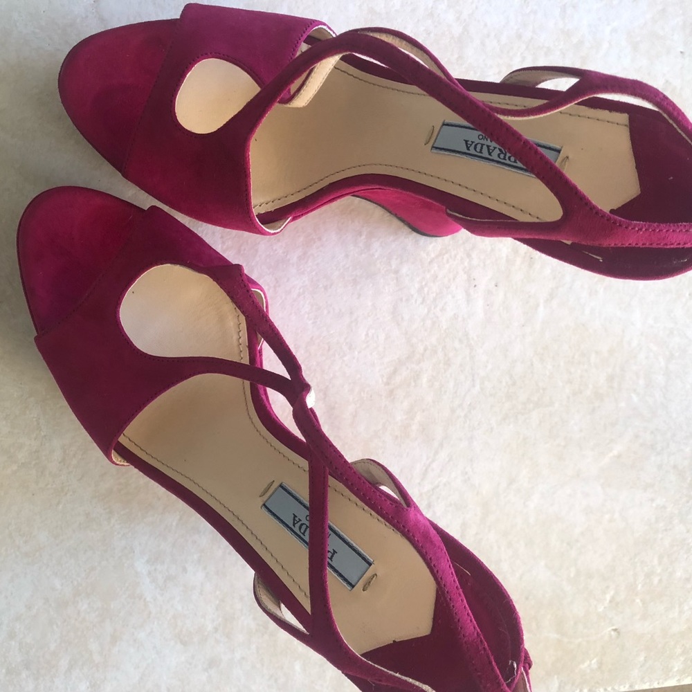 Authentic Prada Suede Wedge Sandals - Rich Burgundy, Size 9 - Picture 2 of 5
